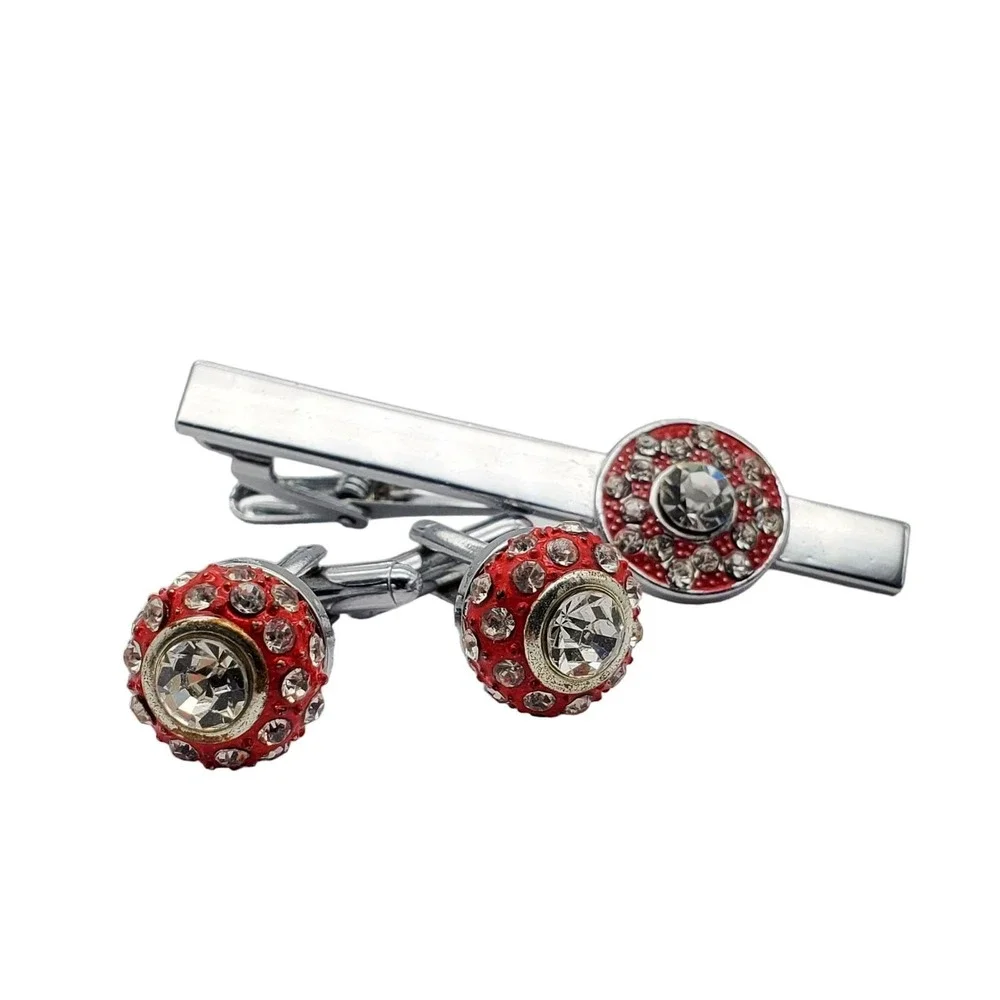 Red Enamel Cufflinks‎ Tie Clip Clasp Rhiinestone Silver Tone Ball Suit Accessory